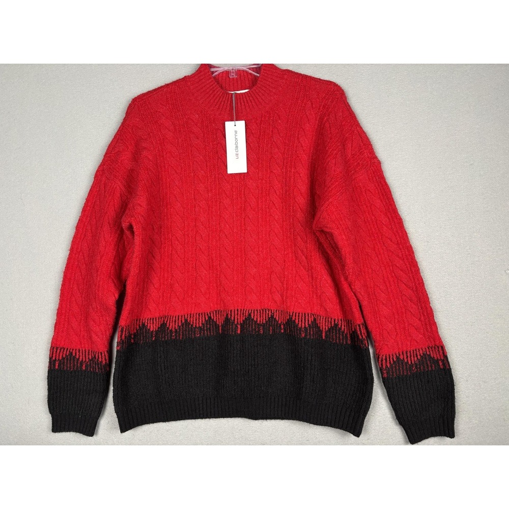 Liz Claiborne Sweater Womens Large Red Black Cable Knit Mock Neck Pullover New